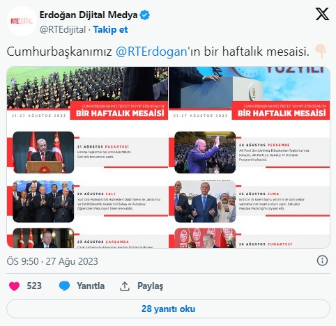 Başkan Erdoğan'ın haftalık mesaisi paylaşıldı...